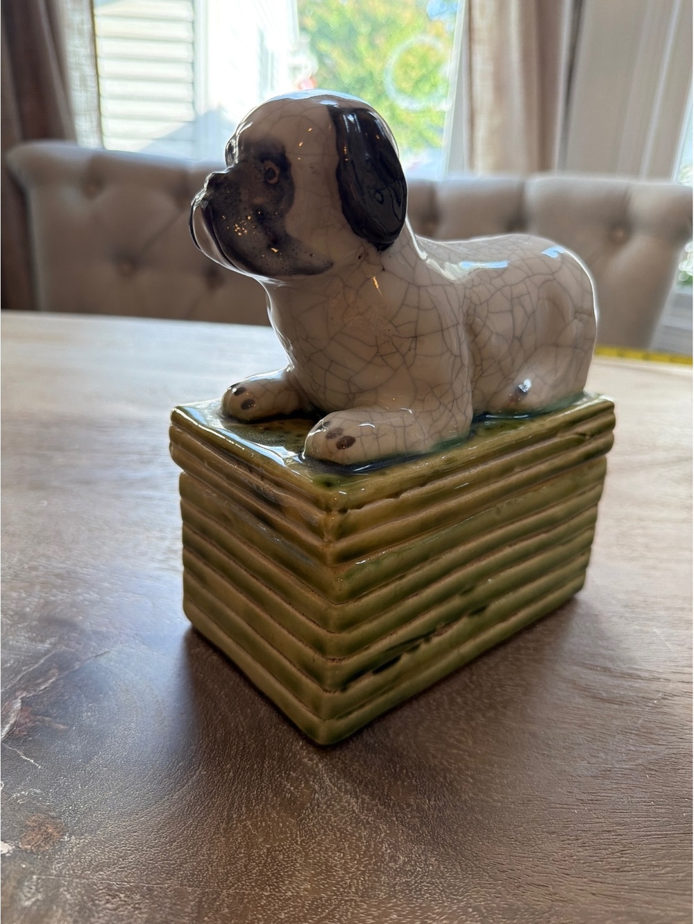 Vintage Takahashi San Francisco Ceramic Pug Dog Trinket Box Crackle Glaze MCM